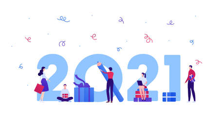 New year celebration concept. Vector flat people illustration. Banner template. Group of man and woman with giftbox, laptop, shopping bag. 2021 text on background.のイラスト素材