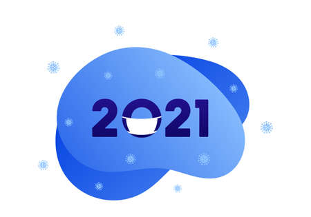 New year celebration at coronavirus pandemic concept. Vector flat illustration. Banner template. 2021 text on abstract background. Face mask symbol. Design element for web.のイラスト素材