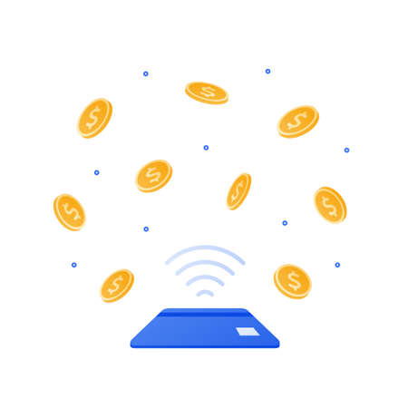 Contactless payment concept. Vector flat illustration. Bank credit card with wave pay transaction symbol isolated on white background. Coin money symbol. Design for cashless technology.のイラスト素材