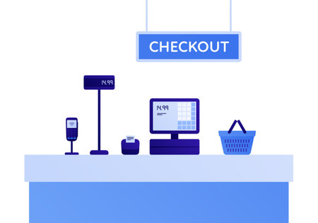 Self checkout grocery kiosk concept. Vector flat illustration. Set of digital device of cashier, electronic pos, scanner. Design element for supermarket ad, web banner.のイラスト素材
