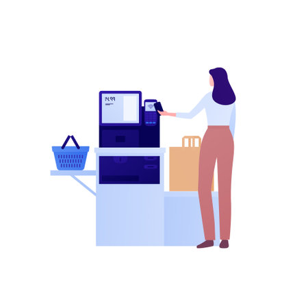 Self checkout grocery kiosk and contactless payment concept. Vector flat character illustration. Woman customer person pay by smart phone in self-service supermarket. Design for ad, web banner.のイラスト素材