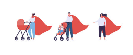 Superhero parent family character concept. Vector flat male and female people illustration set. Man and woman super hero in red cape with baby pram and pregnant person isolated on white background.のイラスト素材