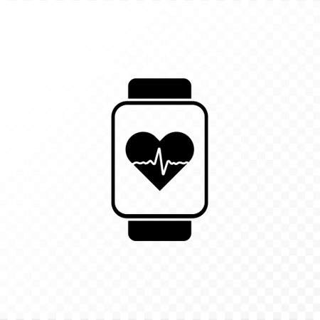 Health care monitor app concept. Vector flat illustration icon. Smart watch with heart shape and heartbeat symbol on mobile phone screen on transparent background. Black and white color.のイラスト素材
