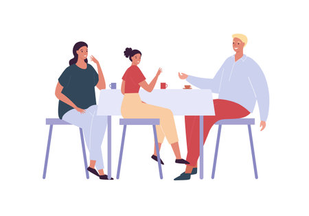 Family eating together concept. Vector flat person illustration. Father and mother with daughter sitting at dining table with coffee or tea cup drink. Happy parents with child in restaurant.のイラスト素材