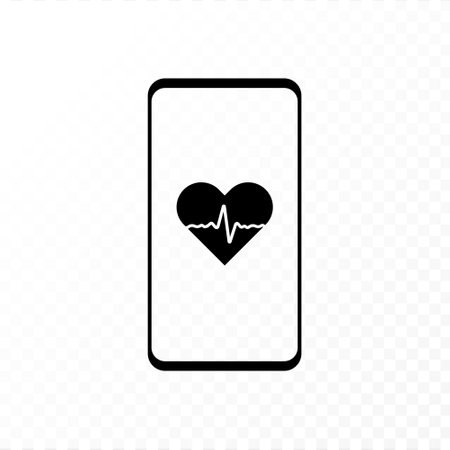 Health care monitor app concept. Vector flat illustration icon. Smartphone with heart shape and heartbeat symbol on mobile phone screen on transparent background. Black and white color.のイラスト素材