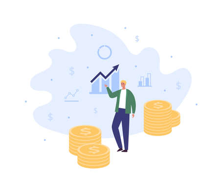 Business success and finance presentation concept. Vector flat people illustration. Column chart with arrow sign. Dollar money symbol. Male modern startup businessman show result of analysis.のイラスト素材