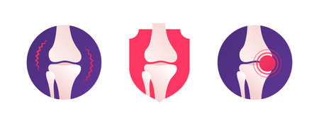 Human organ collection. Vector flat modern anatomical icon color illustration. Knee joint bones with pain symbol isolated on white background. Health care medical sign. Design element for orthopedy.のイラスト素材