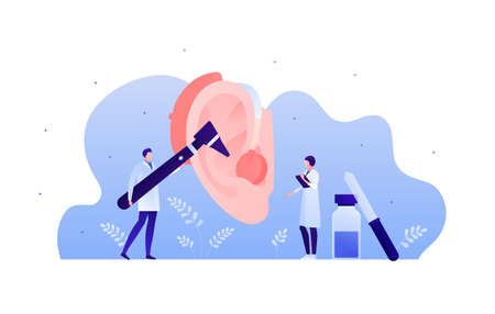 Deaf and hear aid concept. Vector flat illustration. Male and female doctor team exam human ear with hearing aid device. Medical equipment. Design element for medicine, health care.のイラスト素材