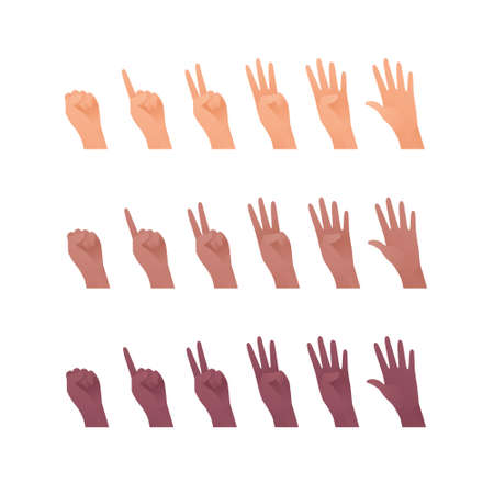 Hand gesture icon collection. Vector flat multiracial llustration set. Caucasian, african american and indian ethnic. Finger count symbol. Open palm. Design element for web.のイラスト素材