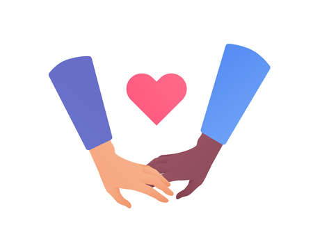 Diversity and love gesture concept. Vector flat illustration. Caucasian and african american hands holding together. Romantic red heart symbol. Design element.のイラスト素材