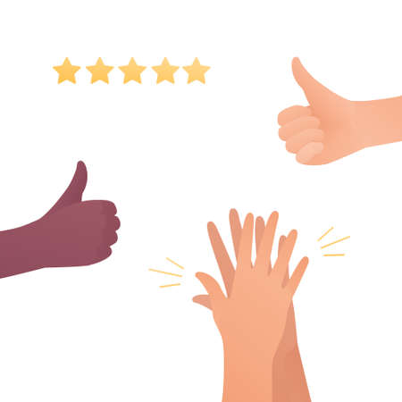 Feedback and quality review concept. Vector flat illustration. Caucasion and african american human hands. Thumbs up, clapping hands and star symbol. Design elementのイラスト素材
