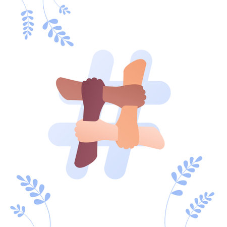 People unity and diversity concept. Vector flat illustration. Multicultural human hand hold and support on white background. African american, caucasian and mixed ethnic. Design for business, charity.のイラスト素材