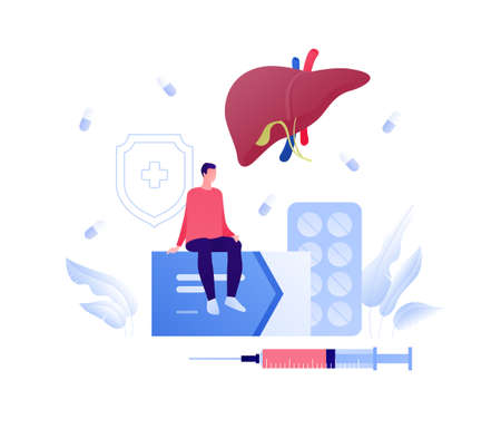Liver disease, diagnosis and treatment concept. Vector flat people illustration. Male patient sit on box of pills. Syringe, vaccination and insulin treatment symbol. Design for health care.のイラスト素材