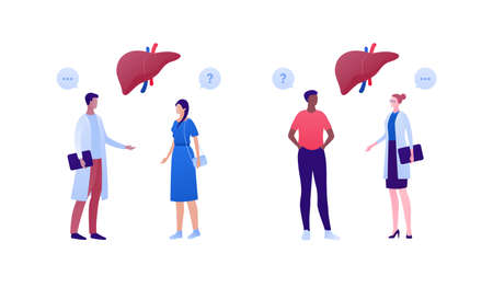 Liver disease, diagnosis and treatment concept. Vector flat people illustration. Multiethnic male and female character. Patient and doctor consultation. Design for health care.のイラスト素材