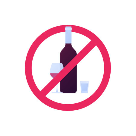 Alcoholism harm concept. Vector flat illustration. Circle shape stop sign. Bottle of wine, glass with alcohol symbol. Design element.のイラスト素材