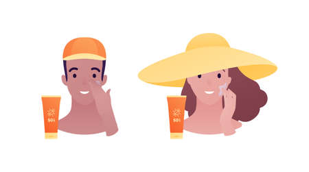 Sun screen protection cream concept. Vector flat illustration. Tan male and female head avatar in...