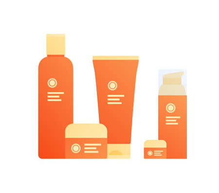 Sun screen protection cream concept. Vector flat illustration, Set of horizontal jar, tube and bottle of summer suncream. Yellow and orange color. Design for cosmetic industry and dermatology.のイラスト素材