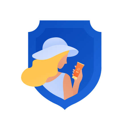 Sun screen protection cream concept. Vector flat illustration. Blonde caucasian woman in hat holding suncream in tube on  shield background. Design for cosmetic industry and dermatology.のイラスト素材