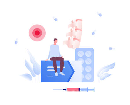 Backache and spine disease concept. Vector flat healthcare illustration. Male patient sitting on box of pill. Vertebra, syringe injection and sport symbol. Design for health care.のイラスト素材