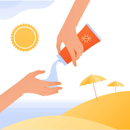 Sun screen protection cream concept. Vector flat people illustration. Human hand squeeze sunscreen...