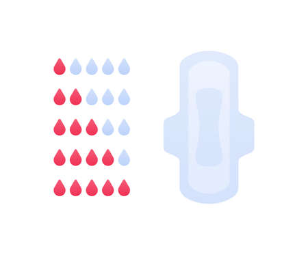 Menstruation sanitary pad. Vector flat illustration. Absorption infographic with blood drop symbol isolated on white background. Design element.のイラスト素材
