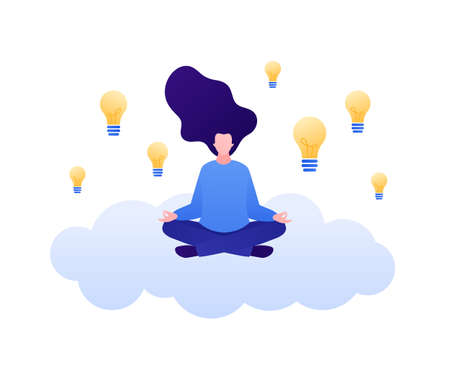 Wellbeing and yoga at work concept. Vector flat business illustration. Woman employee sitting on cloud in meditation relax pose. Lightbulb idea and productivity symbol.のイラスト素材