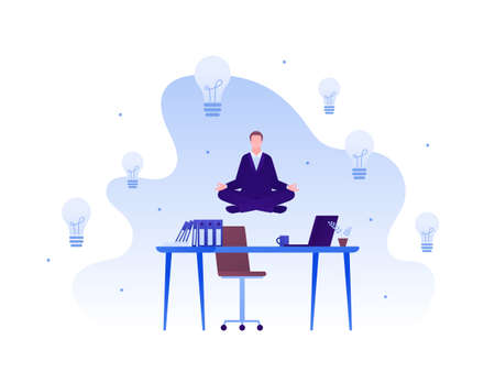 Wellbeing and yoga at work concept. Vector flat business illustration. Businessman in suit fly over desk in meditation relax pose. Lightbulb idea and productivity symbol.のイラスト素材