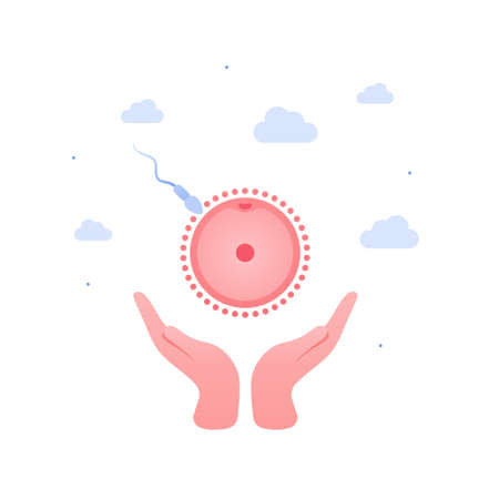 Human fertilization concept. Vector flat icon illustration. Human hand holding sperm runs toward egg symbol.のイラスト素材