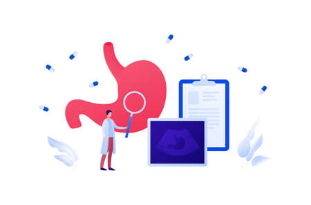 Medical ultrasound procedure concept. Vector flat healthcare illustration. Endocrinology and stomach diagnostic. Female doctor with magnifier glass and medicine capsule symbol. Design for health care.のイラスト素材