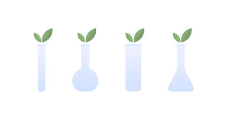 Set of different blue laboratory tube with greeb leaf isolated on white background. Vector flat illustration. Design element for alternative healthcare, beauty industry.のイラスト素材