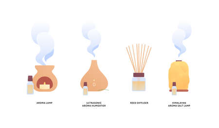 Aromatherapy, wellness lifestyle and holistic remedy concept. Vector flat illustration set with text. Aroma salt lamp, ultrasonic humidifier, reed diffuser. Design element for beauty industryのイラスト素材