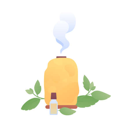 Aromatherapy, wellness lifestyle and holistic remedy concept. Vector flat illustration. Aroma salt lamp with leaves and smoke sign isolated on white background. Design element for beauty industryのイラスト素材