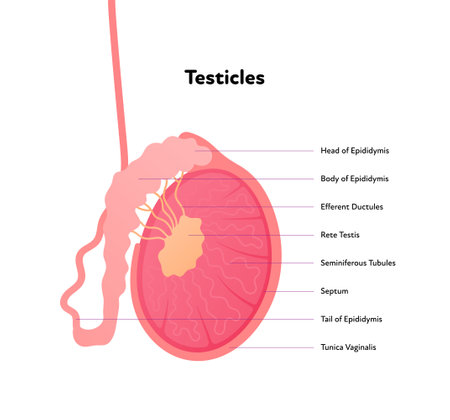 Human reproductive system anatomy inforgaphic chart. Vector flat healthcare illustration. Male testicles with text diagram. Side view. Design for biology, health care, urologyのイラスト素材