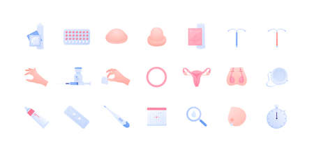 Contraception method concept. Vector flat color icon illustration set. Collection of icons of different contraceptive methods. Birth control and pregnancy prevention. Design for health care.のイラスト素材