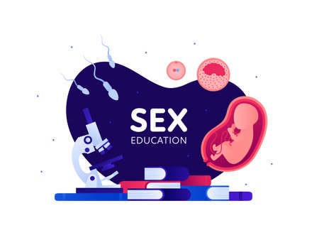 Sex education concept. Vector flat illustration. Modern banner template. Sperm, fetus in womb, fertilization sign and book, microscope study symbol with text on blue background isolated on white.のイラスト素材