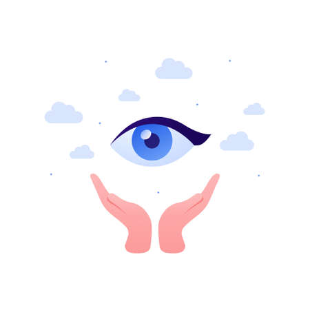 Ophthalmology and eye disease concept. Vector flat healthcare illustration. Human hands hold blue eyeglass isolated on white background. Design for health care, pharmacyのイラスト素材