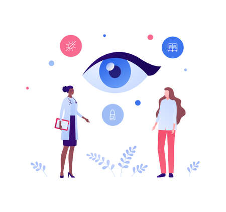 Ophthalmology and eye disease concept. Vector flat healthcare illustration. African american female ophthalmologist doctor and patient. on appointment. Design for health care.のイラスト素材