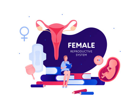Sex education reproductive system biology clas concept. Vector flat illustration. Banner template. Student sitting with book. Pregnancy, contraception, menstruation symbol. Design for education.のイラスト素材