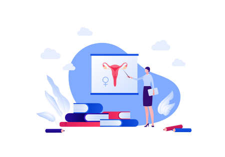 Sex education and female reproductive system biology class concept. Vector flat people illustration. Teacher with pointer and anatomical diagram on chart. Gender symbol. Design for education.のイラスト素材