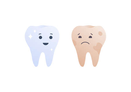 Tooth whitening, cleaning and stomatology concept. Vector flat character illustration. Yellow sad and happy white teeth. Smiley icon. Design for healthcare, dentistryのイラスト素材
