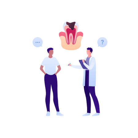 Dental clinic and teeth checkup concept. Vector flar healthcare illustration. Male patient and dentist doctor appointment isolated on white. Tooth with decay symbol. Design for oral health careのイラスト素材