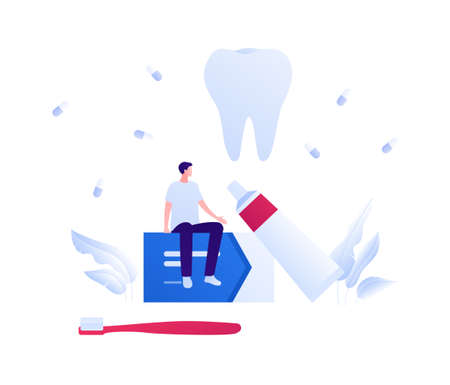 Toothbrush and dental morning routine concept. Vector flat people illustration. Man sitting on toothpaste box. Teeth brush, tooth symbol. Design for healthcare.のイラスト素材