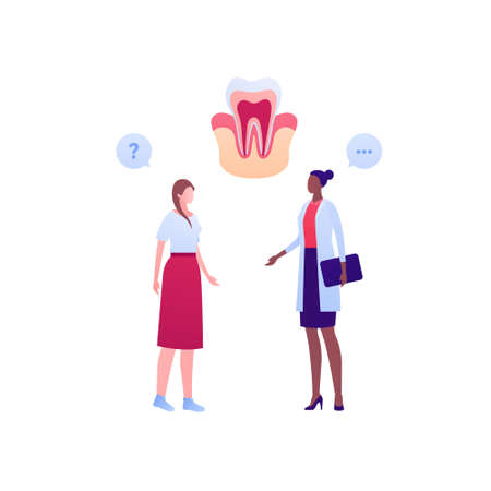 Dental clinic and teeth checkup concept. Vector flar healthcare illustration. Woman patient and female dentist doctor appointment isolated on white. Healthy tooth symbol. Design for oral health careのイラスト素材