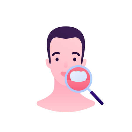 Dental clinic concept. Vector flar healthcare illustration. Human face and magnifier glass looking on tooth isolated on white sky background. Design for oral health careのイラスト素材