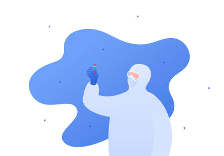 Doctor in protection suit. Vector flat healthcare people illustration. Male character in protective medical outfit hold blood test in hand. Design for health careのイラスト素材
