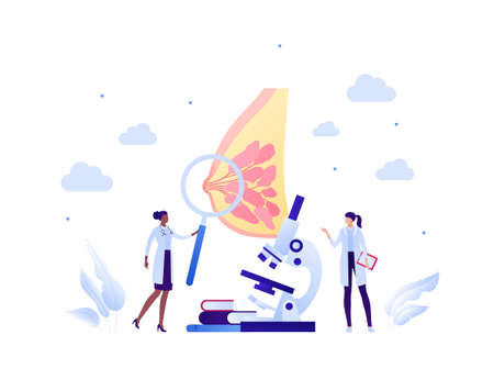 Human breast cancer checkup concept. Vector flat people medical illustration. Female doctor research team with microscope and magnifier glass. Design for healthcare, oncology, awareness month.のイラスト素材