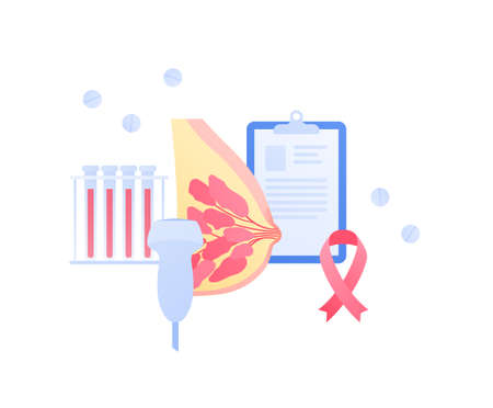 Human breast cancer checkup and treatment concept. Vector flat medical illustration. Pink ribbon awareness month symbol. Pills and test tube. Design for healthcare, oncology.のイラスト素材