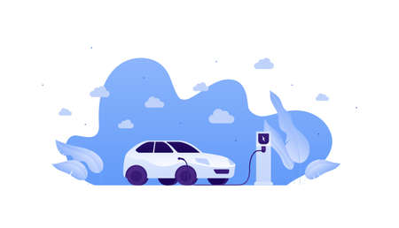 Electric car concept. Vector flat illustration. Vehicle connected by plug connector to recharge staion on blue sky background. Side view. Design for ecology and transportationのイラスト素材