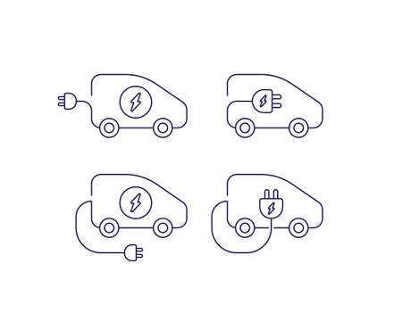 Electric car concept. Vector linear flat icon illustration. Set of vehicle with electro charge plug connector icons isolated on white background. Side view. Design for ecology and transportationのイラスト素材