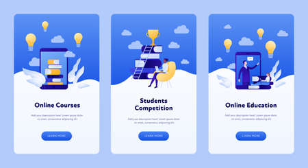 Online education for business concept. Vertical banner template. Vector flat modern illustration set. Collection of layout with male and female people. Lightbulb, book, trophy and ladder symbolのイラスト素材